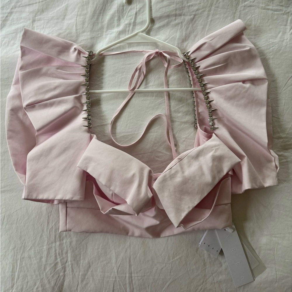 NWT AREA pale pink satin crop top with crystals